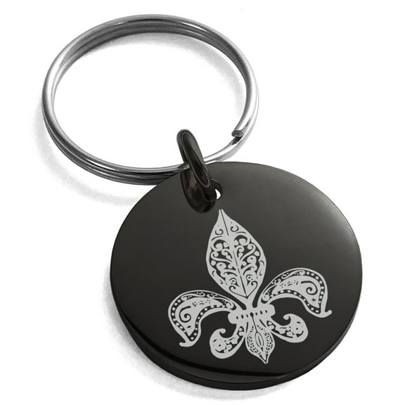 Stainless Steel Paisley Fleur De Lis Engraved Small Medallion Circle Charm Keychain Keyring