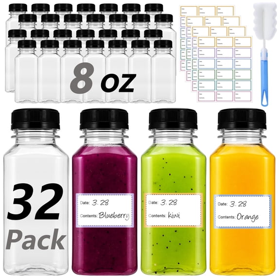 Topekada 32 Pcs 8 oz Empty Plastic Juice Bottles with Lids, Reusable Drink Containers with Brush and Labels, Clear Bulk Juice Containers with Caps for Juicing, Smoothie and Other Beverages