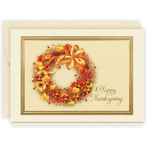 25 Count Card Pack, Thanksgiving Cards with Foil Lined Envelopes (Wreath of Thanks), For Business or Consumer