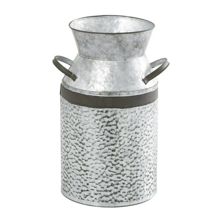 DecMode Gray Metal Milk Can Decorative Vase with Black Handles, 8" x 7" x 12"