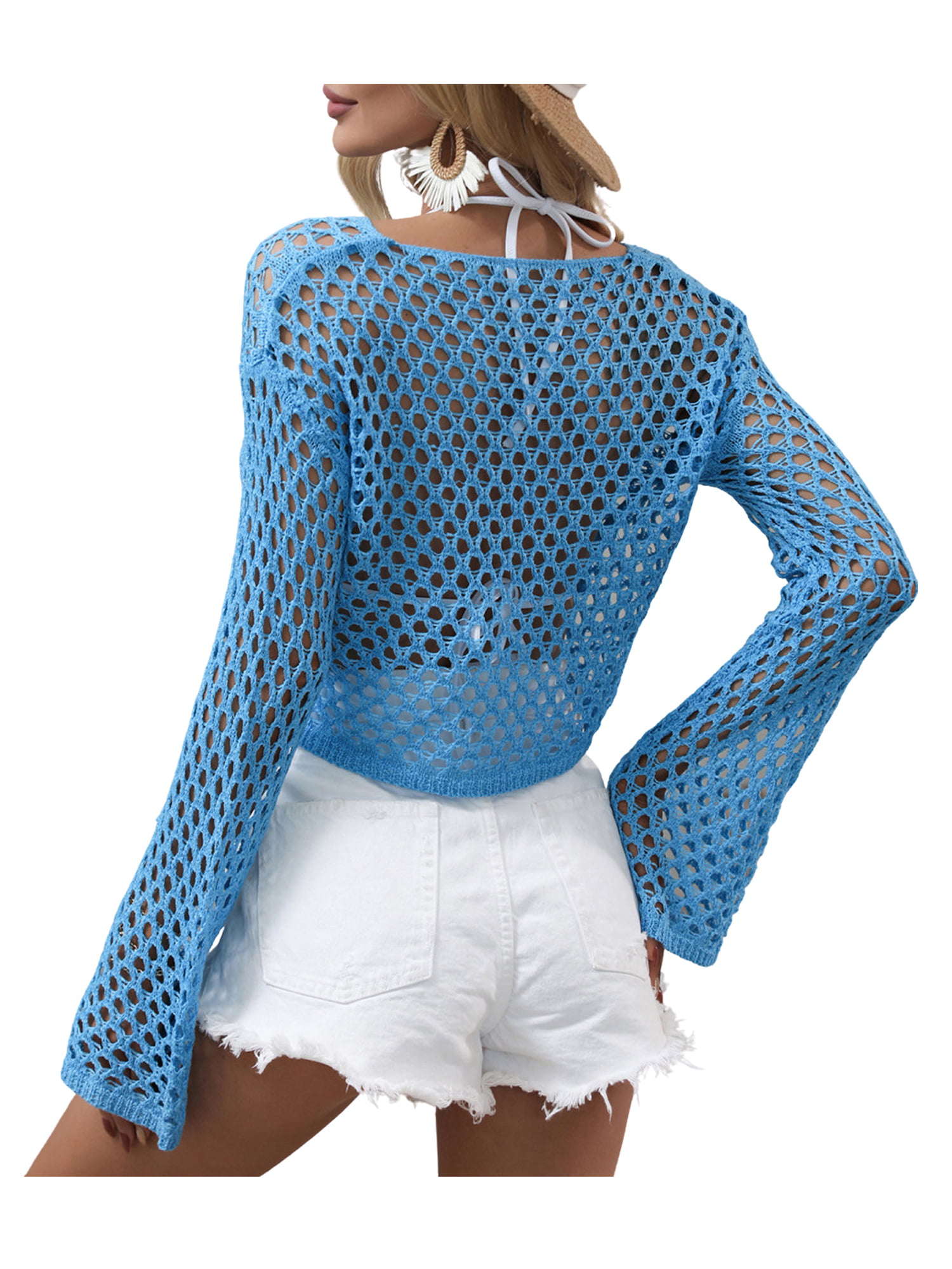 ONELINK Sky Blue Knit Pullover Sexy Halter Neck Hollow Out Off Shoulder  Plus Size Women's Sweater Long Sleeve