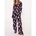 thumbnail image 3 of Women Champagne Bottle Pajamas Long Sleeve Wine Glasses Print Button Down Shirt Pants 2 Piece Satin Silk Set, 3 of 5