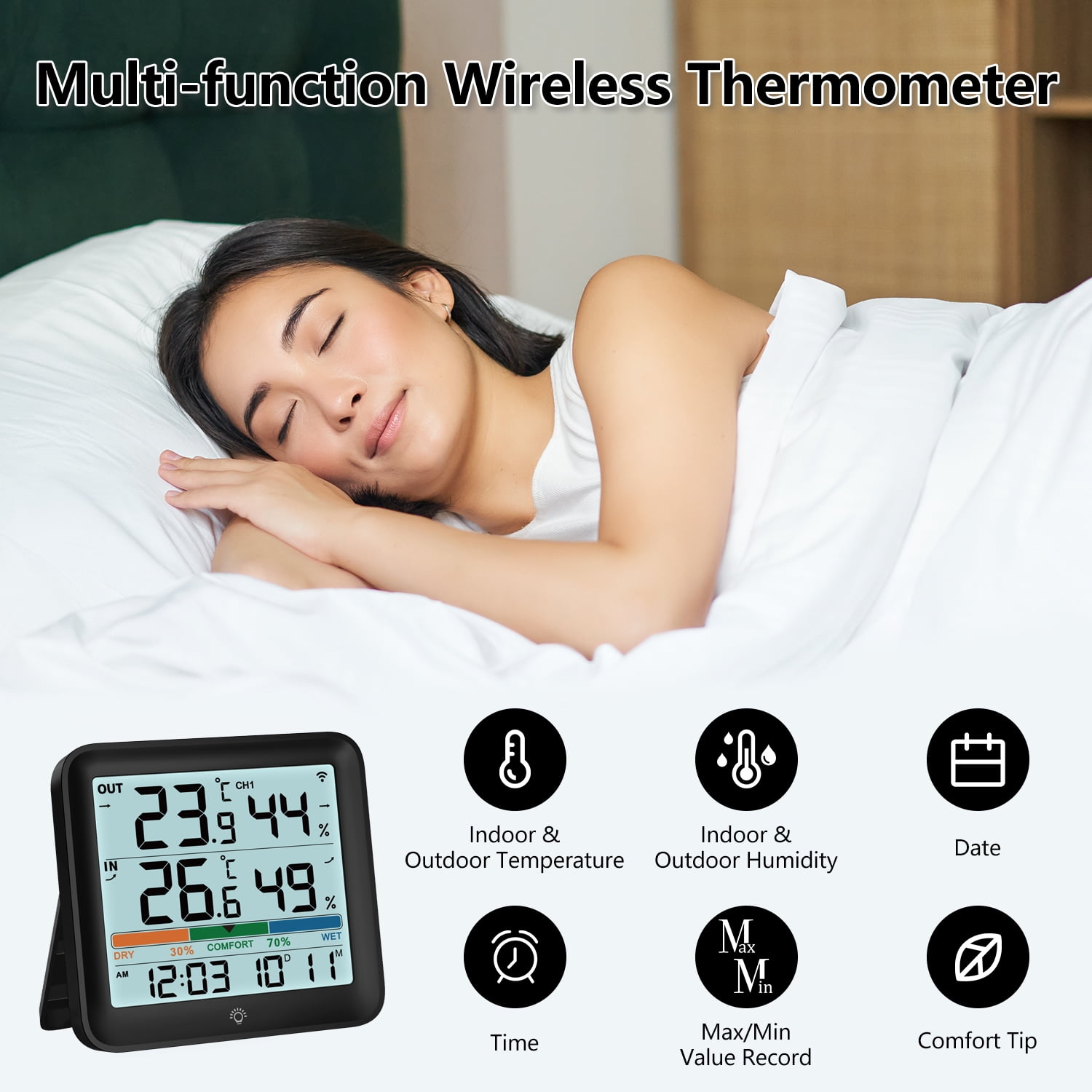 VOCOO Indoor Outdoor Thermometer, Wireless Weather Station Hygrometer with Outdoor Sensor with Clock, Digital Room Thermometer with Backlight Weather Station(Black)
