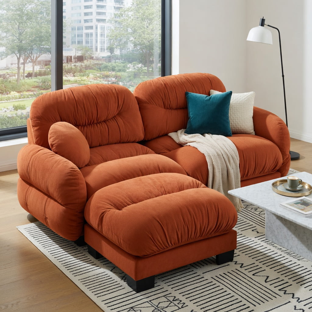 Hommoo Chenille 2-Seat L-Shaped Modular Sectional Sofa with Ottoman, Ergonomic High-Density Foam, Pleated Back Design & 2 Round Throw Pillows, Orange