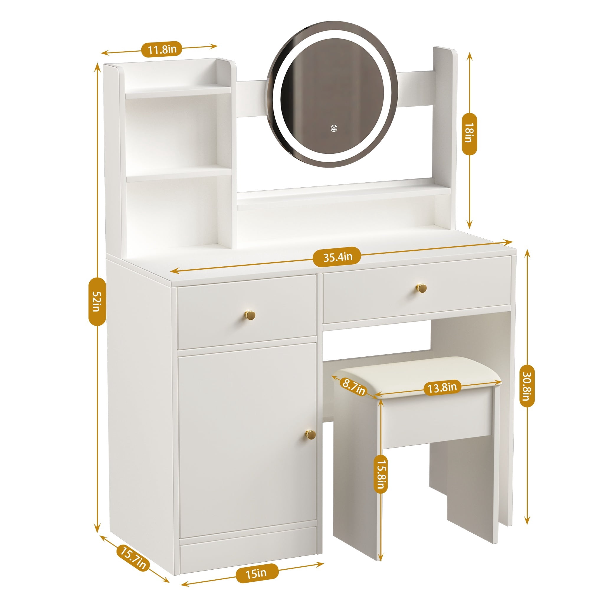 Alvantor Makeup Vanity Desk with Mirror and Lights, Adjustable Brightness Dressing Table with Cushioned Chair, White