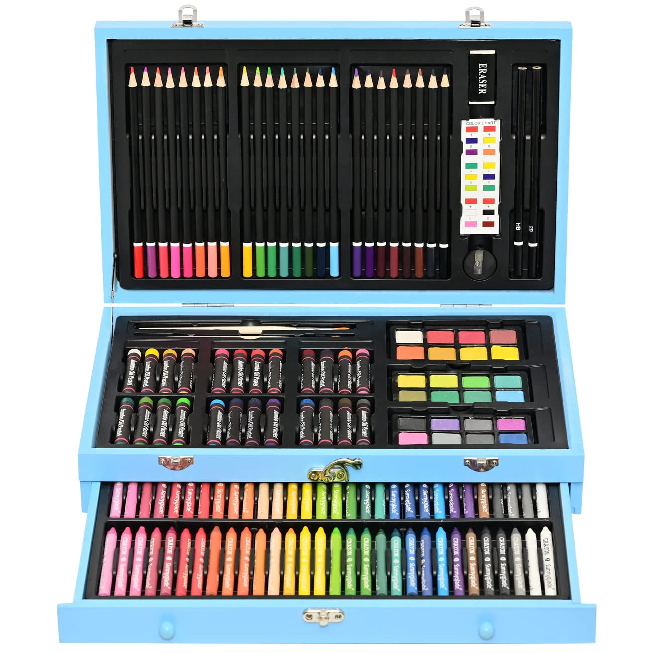 Bibana 145 Piece Deluxe Art Set, Wooden Box & Drawing Kit with Crayons, Oil Pastels, Colored Pencils, Watercolor Cakes, Sketch Pencils, Paint Brush, Sharpener, Eraser, Color Chart