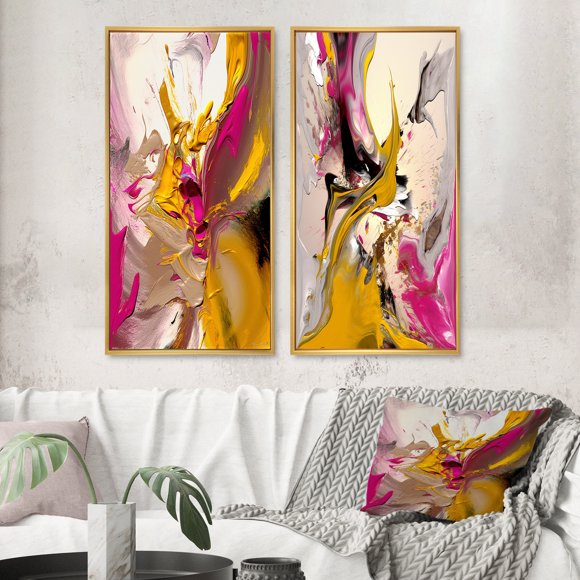 Designart "Adagio de l'Âme Expressionnisme Abstrait III" Peinture Abstraite Encadrée Ensemble d'Art Mural de 2 - Ensemble d'Art Mural Encadré Moderne Rose de 2