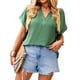 thumbnail image 1 of Camisa de manga corta con cuello en V para mujer, informal, elegante, color puro, suelta, cómoda, con cuello en V, Top verde XL, 1 of 8