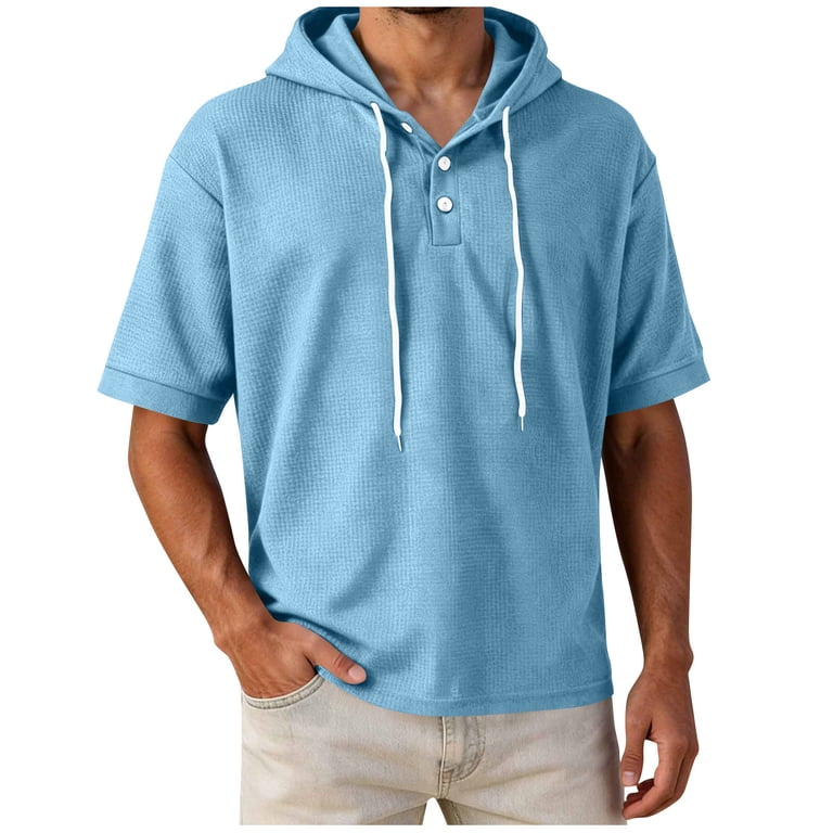 Kalauyu Mens Short Sleeve Waffle Knit Hooded Shirts Casual with