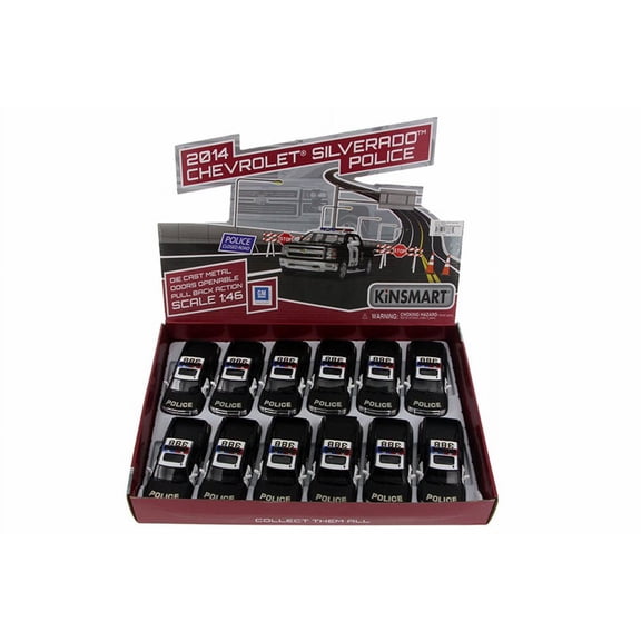 Box of 12 Diecast Model Toy Cars - 2014 Chevy Silverado Police Pickup Truck, 1/46 Scale