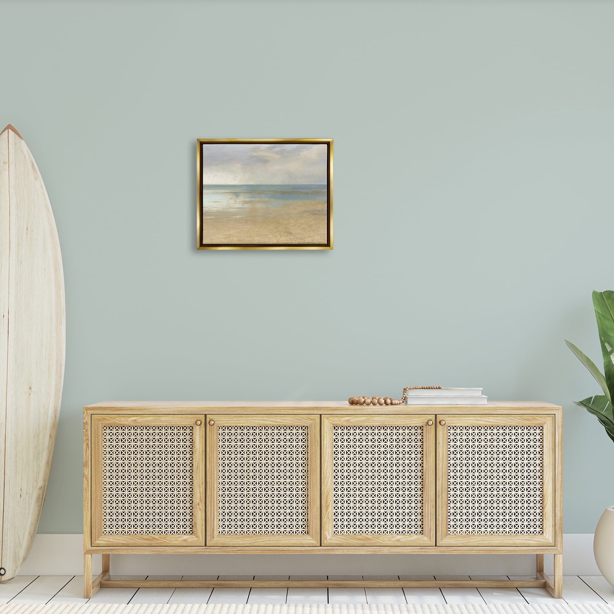 Stupell Coastal Sandy Sunlit Beach Landscape Painting Gold Floater Framed Art Print Wall Art