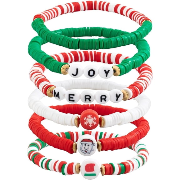Xmas Bracelets Set for Women Teen Girls Polymer Clay Bead Stackable Stretch Bracelets as Party Gifts Heishi Surfer Holidays Christmas Charms Friendship Jewelry