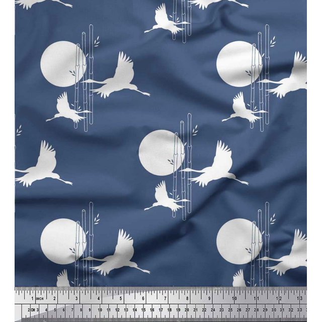 Soimoi Rayon Fabric Bamboo Tree,Moon & Stork Bird Print Fabric by The Yard 42 Inch Wide