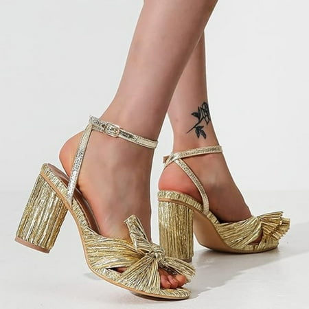 Women s Bow Knot Heeled Sandals Open Toe Ankle Strap Chunky Heels Bridal Wedding Dress Shoes Pumps