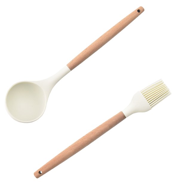 Juego de utensilios de cocina de 2 piezas: utensilios de cocina de acero inoxidable y silicona con mangos de madera