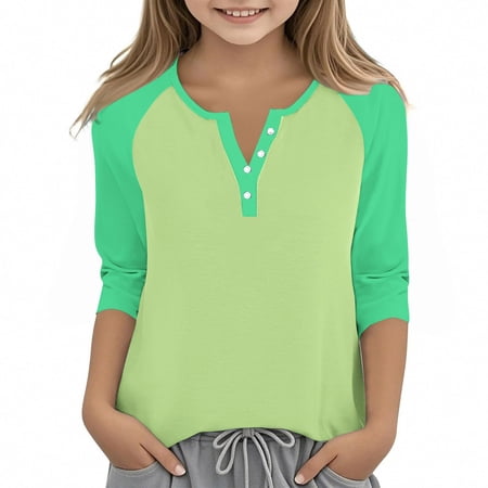 longantii Girls 3/4 Sleeve Tops Henley Shirts Solid Color T-Shirts Summer Button V-Neck Henley Shirt Casual Tunic Blouses 4-5T Fluorescent Green
