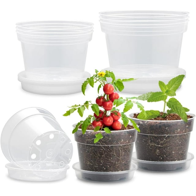 Paquete de 9 macetas transparentes de 20, 29 y 15 cm para viveros con platillo, plástico transparente con orificios de drenaje, resistentes para plántulas, suculentas, flores, hierbas y verduras.