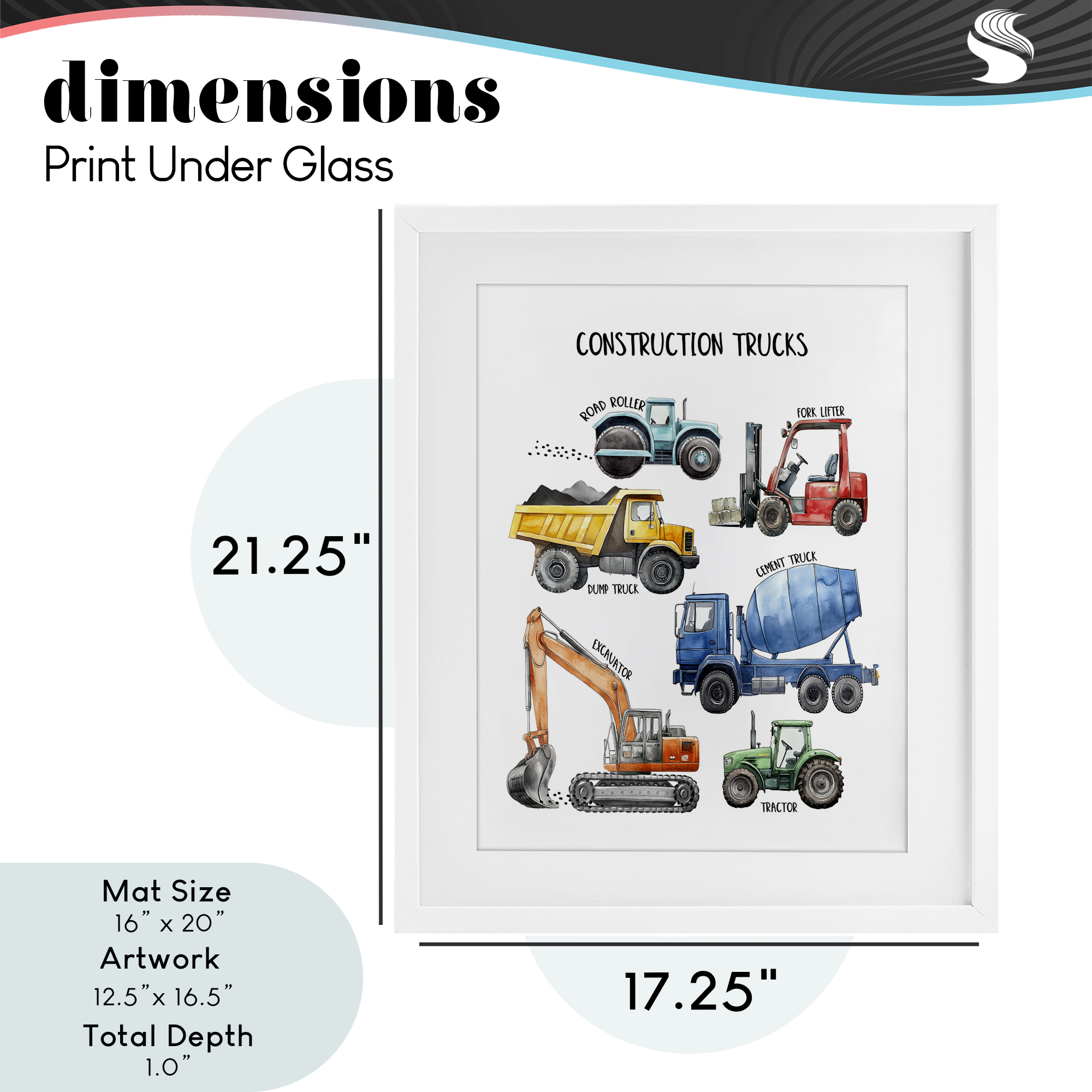 Construction Trucks Machinery White Framed Print Under Glass, design by Christine Simpson Art