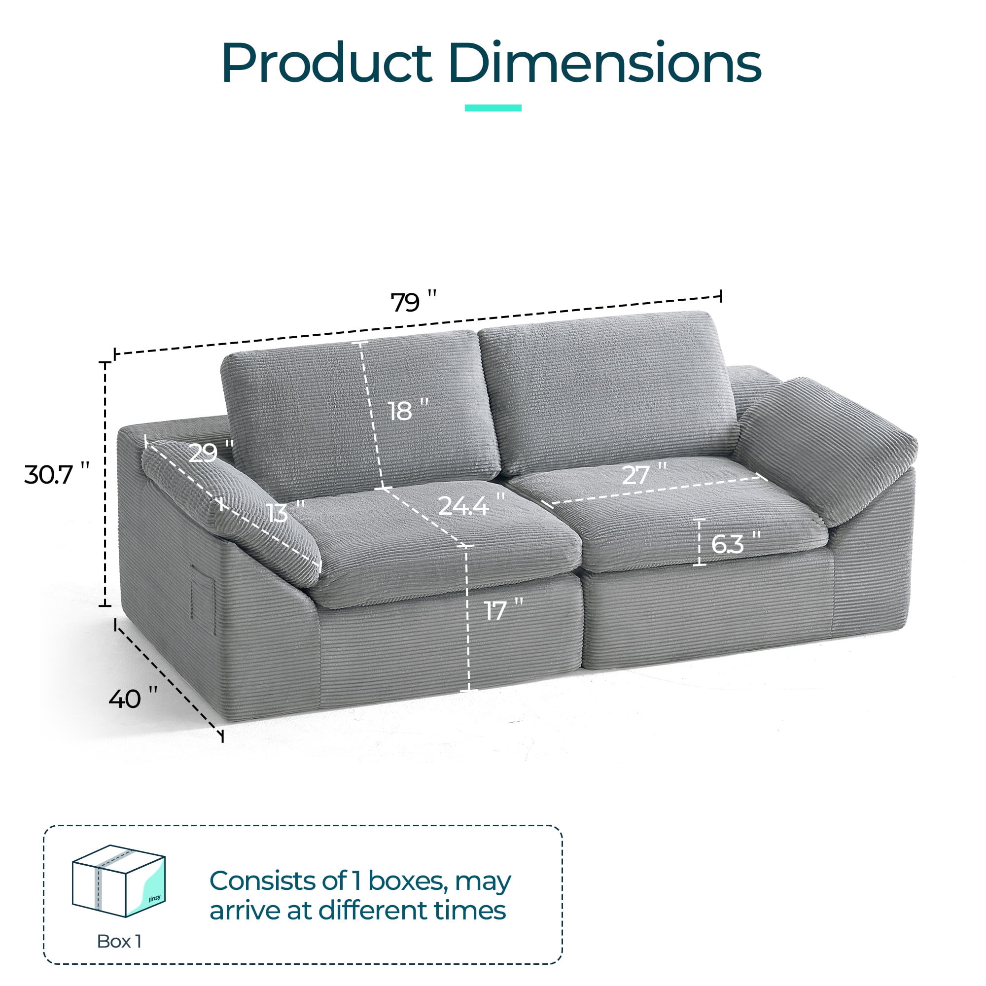 LINSY HOME Oversized 79" Boneless Sectional Couches for Living Room, Cloud Couch Sofa with Corduroy Fabric, 2 Seat Foam Sofa for Living Room, No Assembly Required, Grey