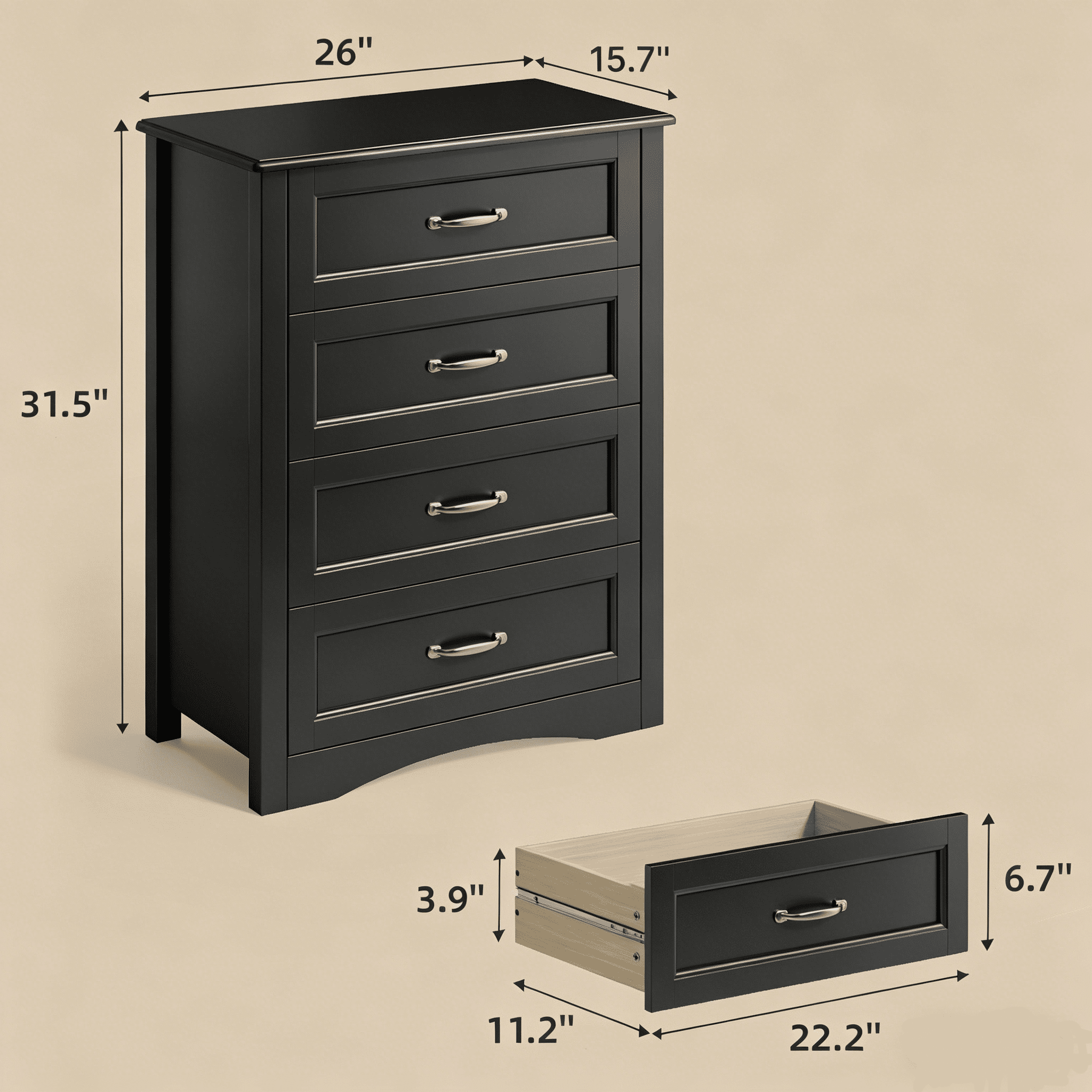 Noelse Dresser for Bedroom with 4 Drawers Wooden Chest of Drawers for Closet Dresser Storage Unit Organizer for Hallway Living Room and Office, Black