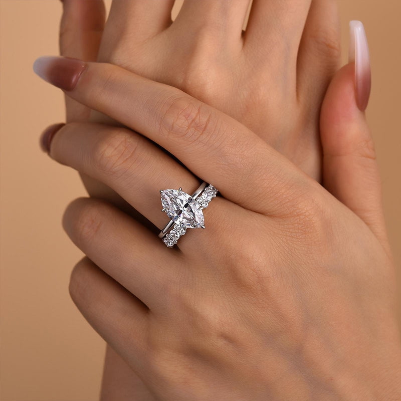 Veda Jewel Marquise Cut 1.5 Ct Lab-Created Diamond Engagement Ring Set – Prong Setting in 14K White Gold Plated for Women – Perfect Wedding Gift for Special Occasions