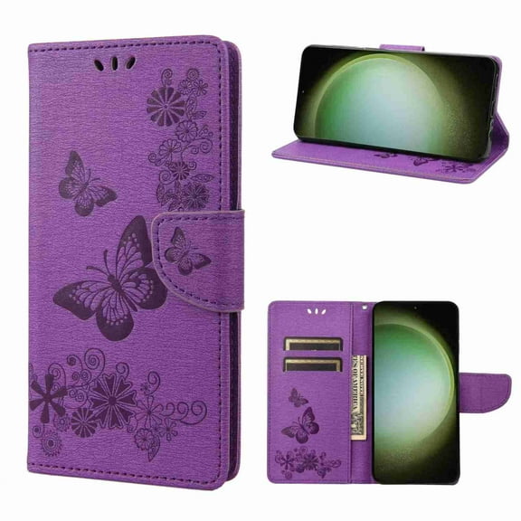 Decase Wallet Pocket Card Case for Samsung Galaxy S22 Plus, Shockproof Kickstand Wrist Strap Butterfly Floral Embossed PU Leather Flip Cover,purple