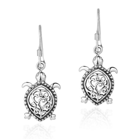 - Detailed Swirl Pacific Turtle .925 Sterling Silver Dangle Earrings