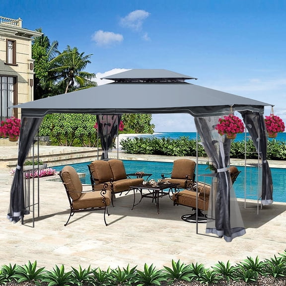 13x10 Ft Outdoor Gazebo Canopy Tent with Double Roof & Mosquito Net - Gray Top Patio Shelter for Garden Backyard Deck