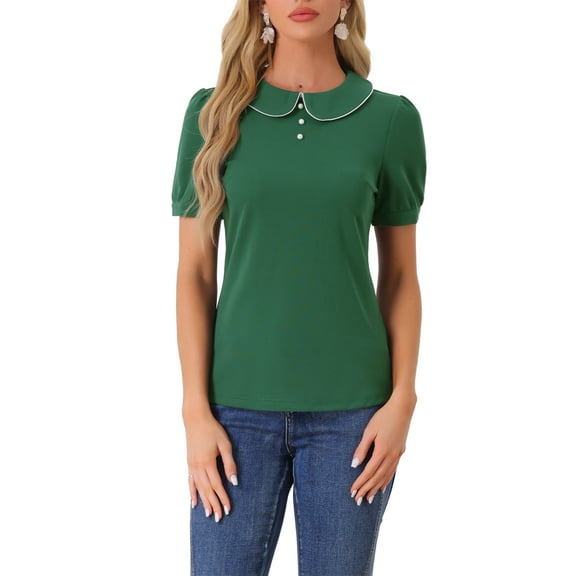 INSPIRE CHIC Women's Vintage Peter Pan Collar Contrast Trim Puff Short Sleeve Blouse Top XL Green