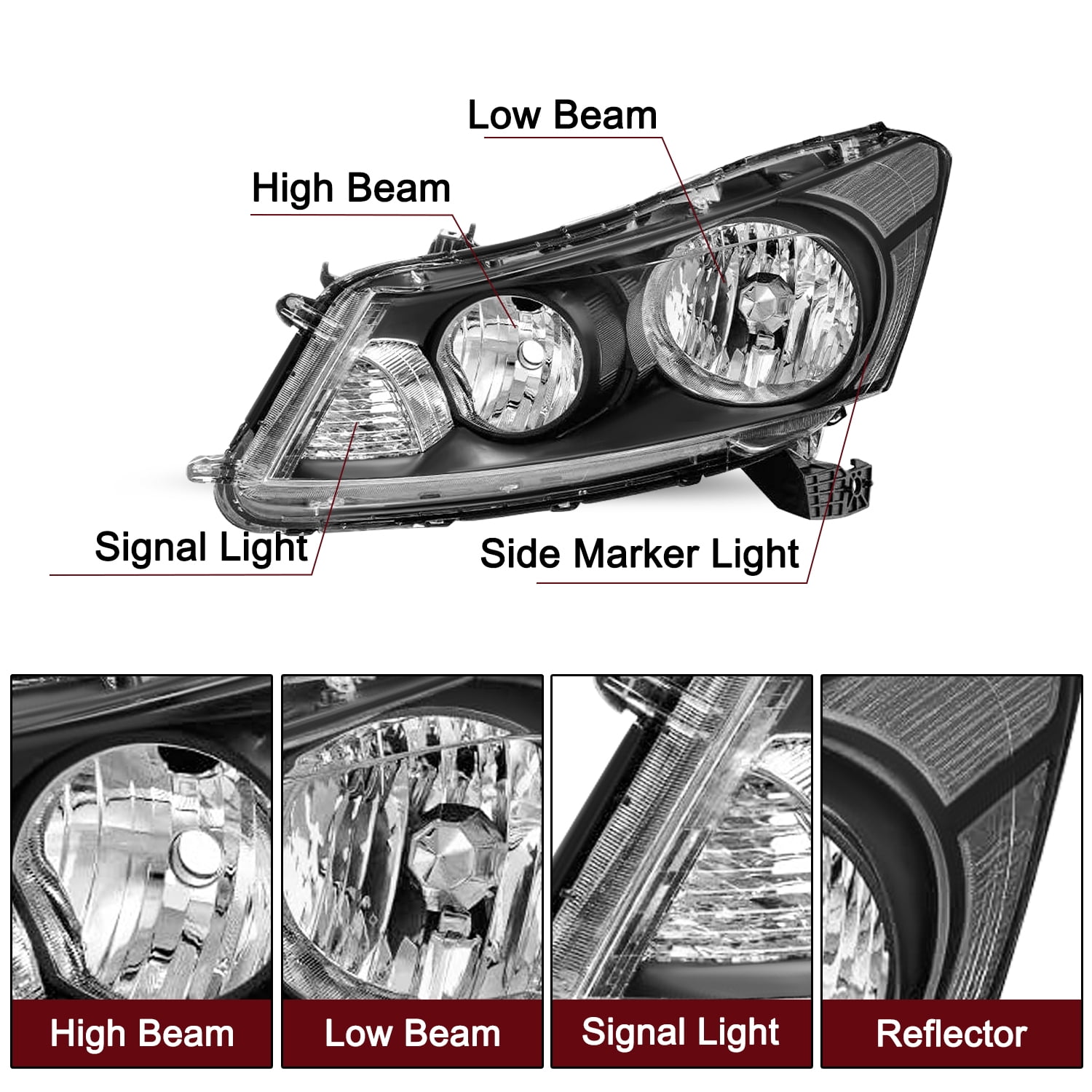 For 2008-2012 Honda Accord Sedan 4Dr Black Clear Headlights Assembly Pair