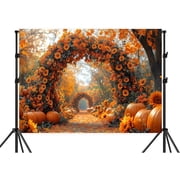 7x5ft Fall Photography Backdrop Autumn Forest Scenery Maple Leaves Pumpkins Sunflowers Arched Flower Door Photography Background Fall Farm Harvest Thanksgiving Day Party Photo Studio Props