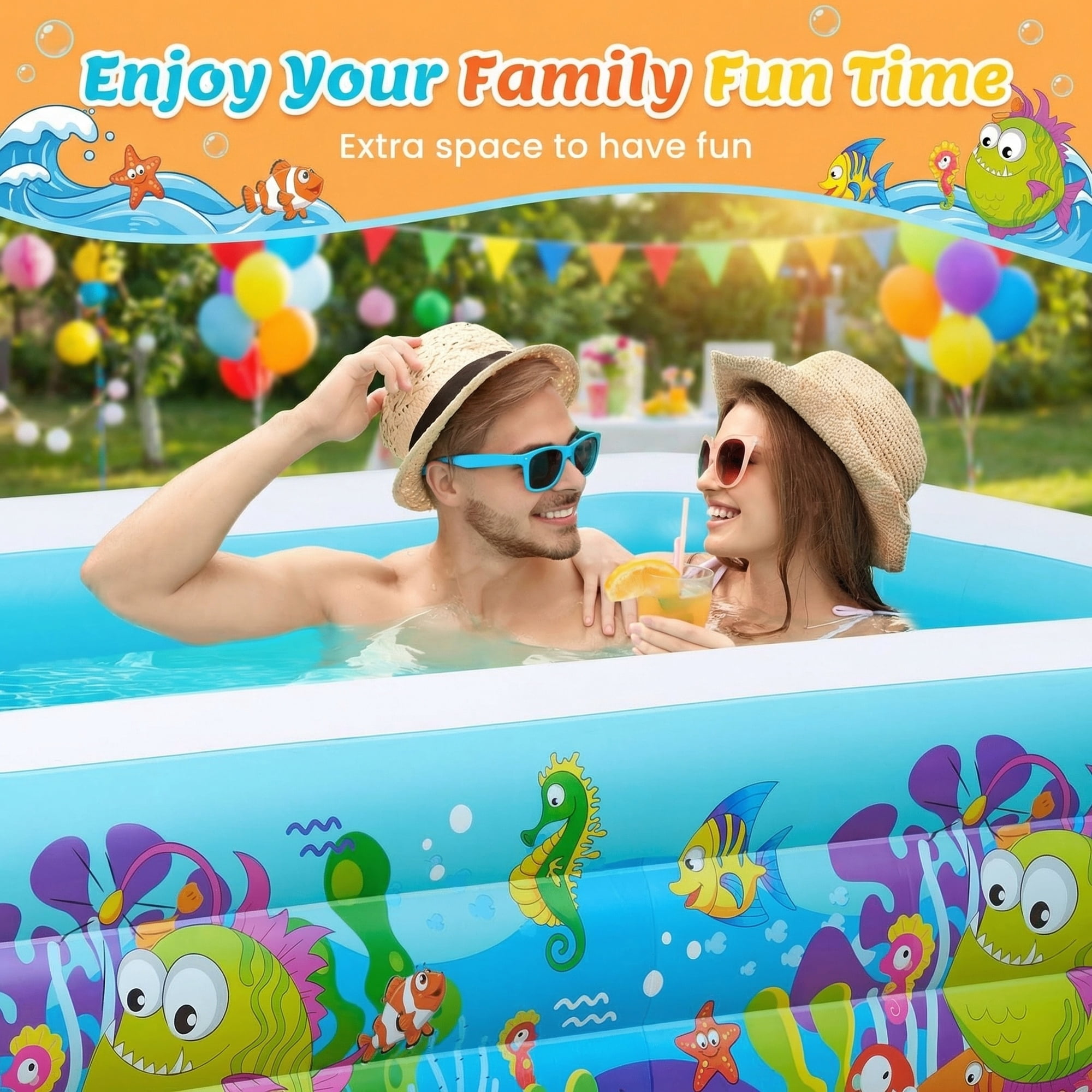 Naipo Inflatable Swimming Pool for Kids and Adults, 120"x72"x22" Oversized Thickened Family Swimming Pool for Toddlers, Outdoor, Garden, Backyard, Summer Water Party, Cartoon Patterns