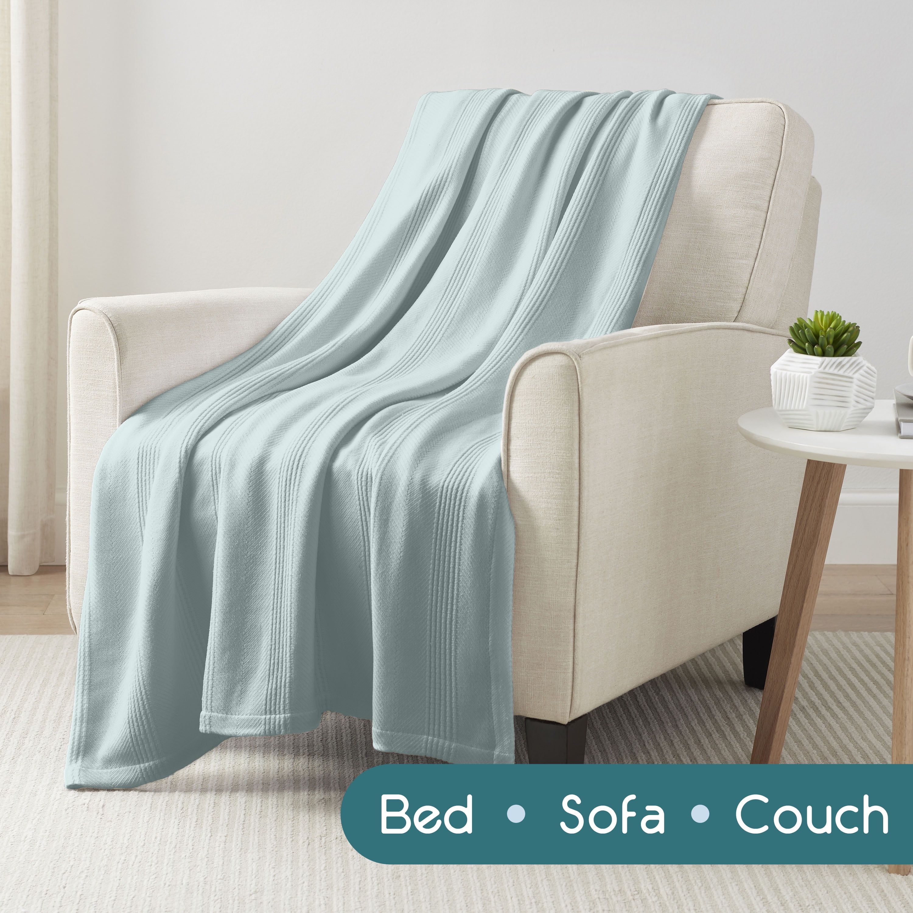 Lightweight Breathable 100% Cotton Knit Blanket – All-Season Bed Blanket – King Size – Light Blue