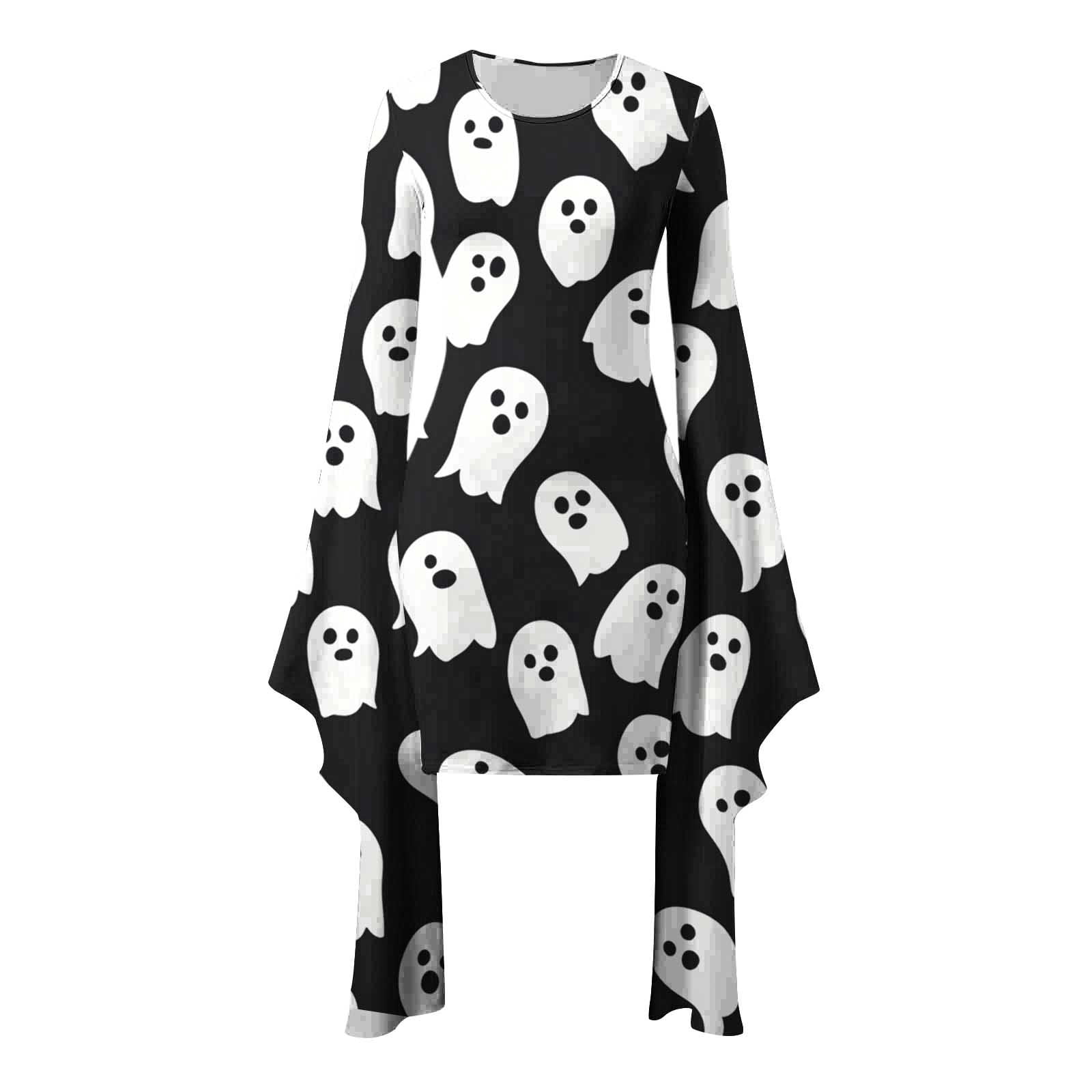 Womens Halloween Costumes Ghost Printed Bodycon Mini Dress Batwing Sleeve Crew Neck Masquerade Dresses Scream Costume