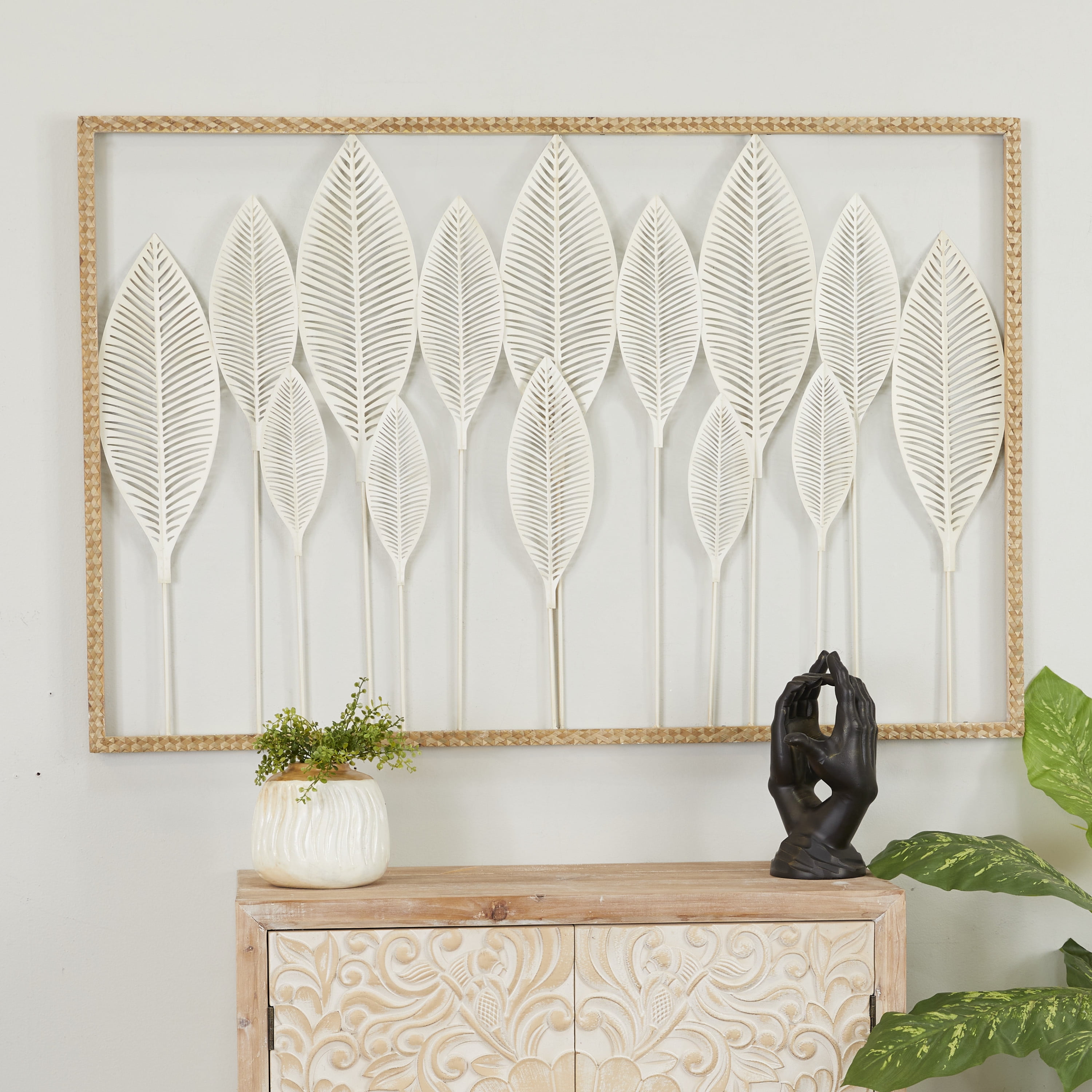 DecMode White Metal Tall Cut-Out Leaf Wall Decor with Intricate Laser Cut Designs
