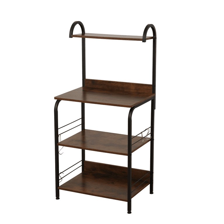 Monvane Kitchen Baker's Rack Storage Shelf Microwave Cart Oven Stand Coffee Bar with Side Hooks 4 Tier Shelves(Rustic Brown)