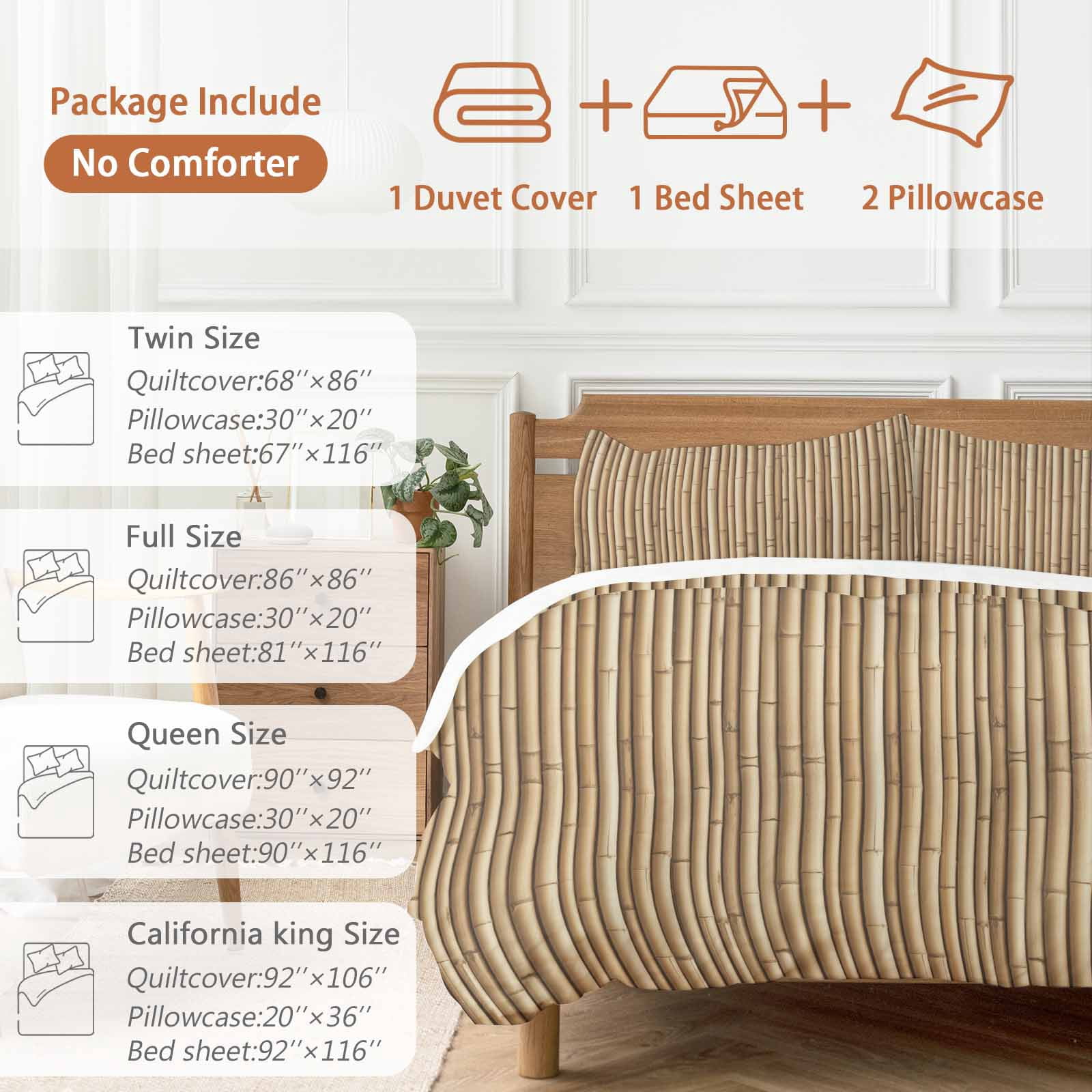 Yellow Bamboos Duvet Cover Set Queen Size, Natural Vintage Bamboos Tree Plant Image 4 Piece Soft Microfiber Bedding Set with Zipper Closure, 1 Comforter Cover, 1 Flat Sheet, 2 Pillowcases