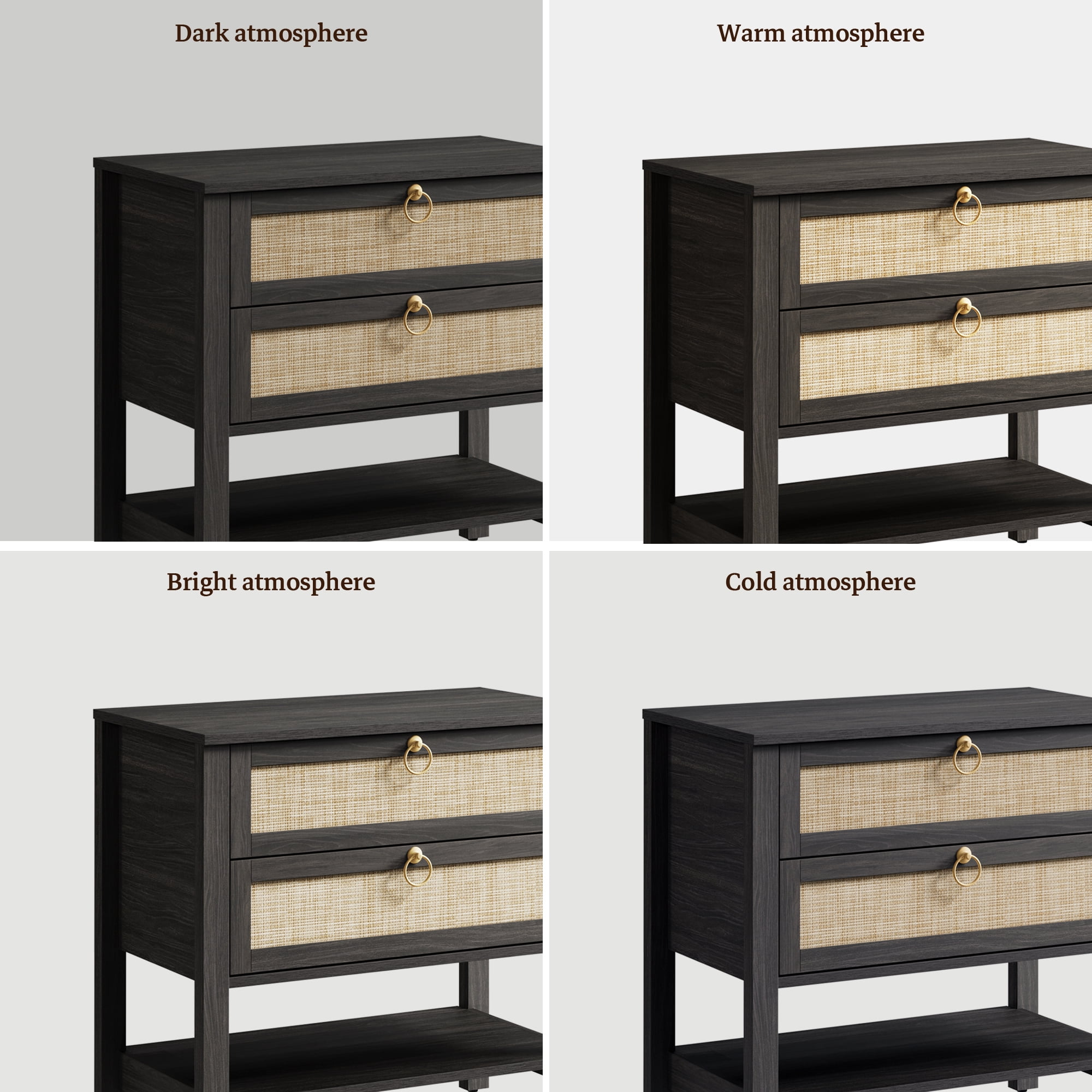 Surmoby 26.7"W Large Boho Coastal Nightstand Set of 2 with Dual Rattan Drawers & Open Shelf - Farmhouse Bedside Tables for Bedroom Living Room Enterway, Black
