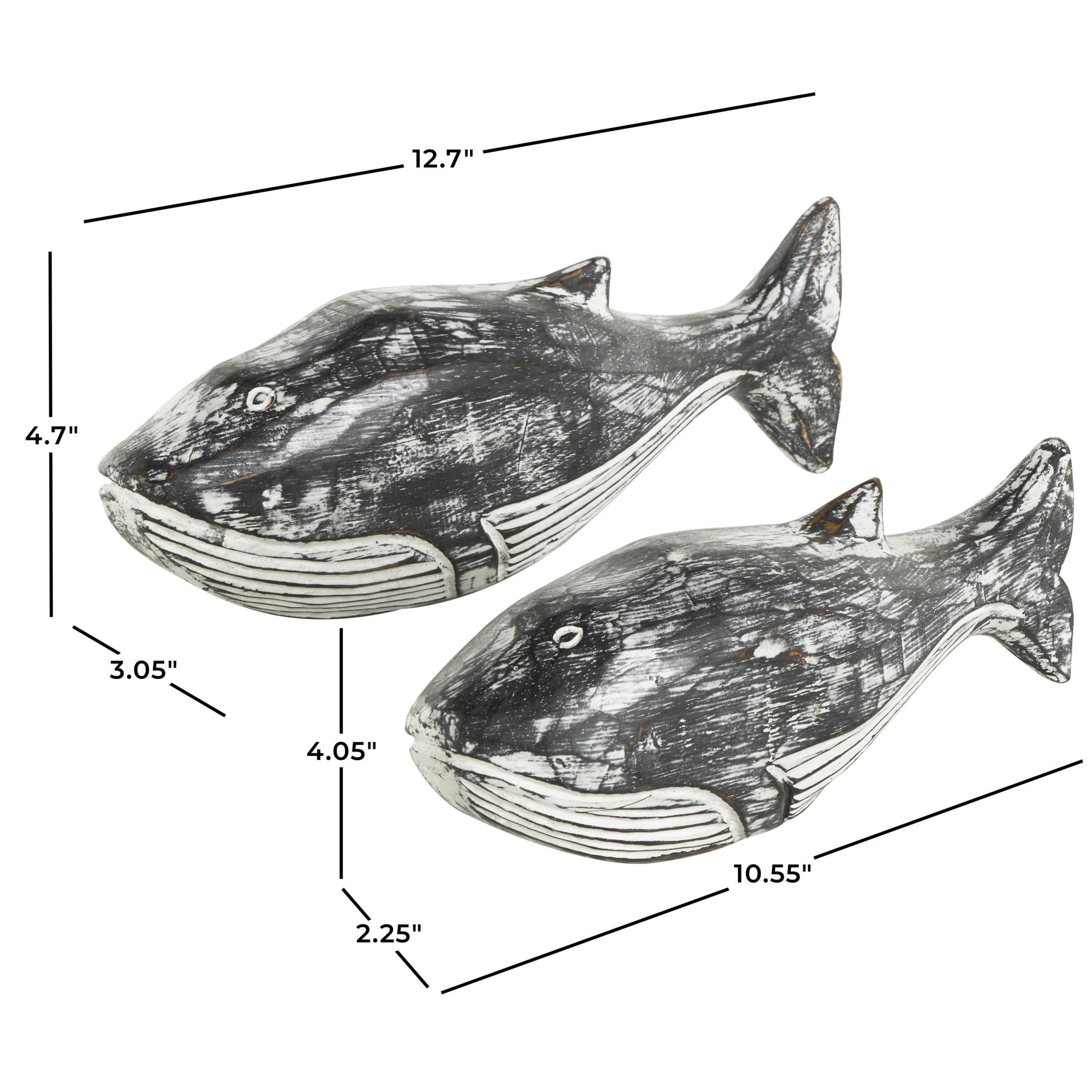 13", 11"W White Wood Distressed Whale Sculpture, by DecMode (2 Count)