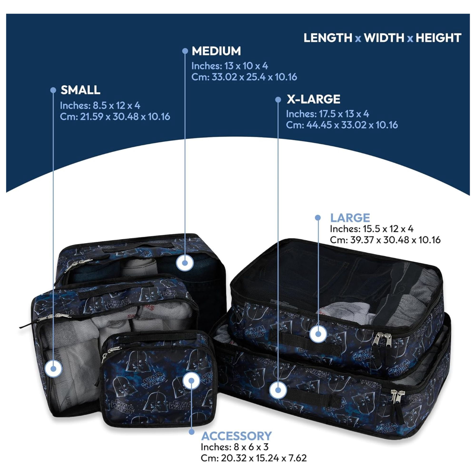 Star Wars Men’s Packing Cubes, 5 Piece Cube Set Darth Vader Suitcase Travel Organizer for Kids and Adult Blue
