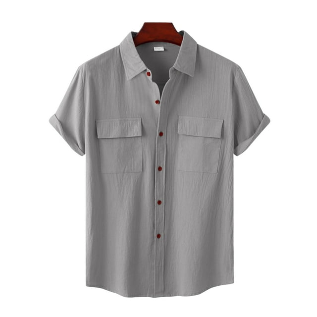 CVLIFE Men Shirts Lapel Neck T Shirt Button Down Tops Turn Collar Short Sleeve T-shirt Work Tee Grey L