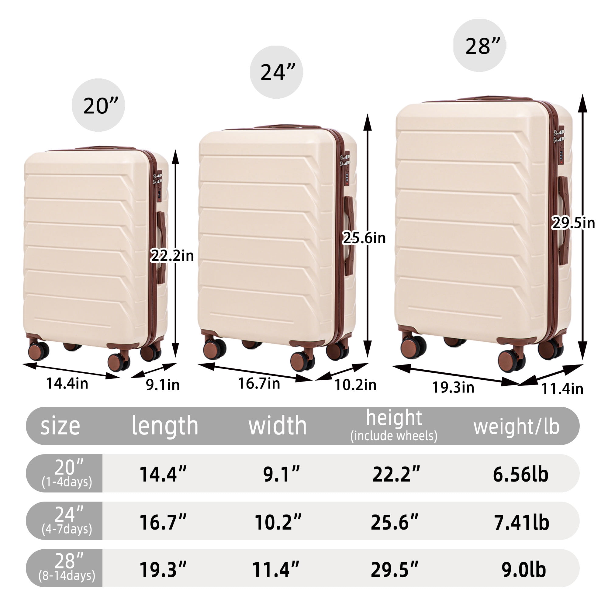 20"/24"/28" 3 pcs/set in ABS Spinner Wheel Luggage, Matching Color, With Combination Lock (Beige)
