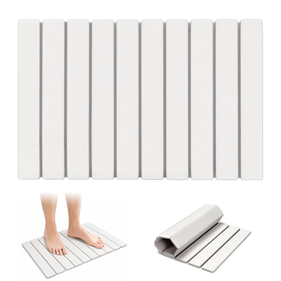 Foldable Diatomaceous Earth Stone Bath Mat, Quick Dry Super Absorbent Non-Slip Compact Bathroom Mat, 23.6 x 15.5 Inch White