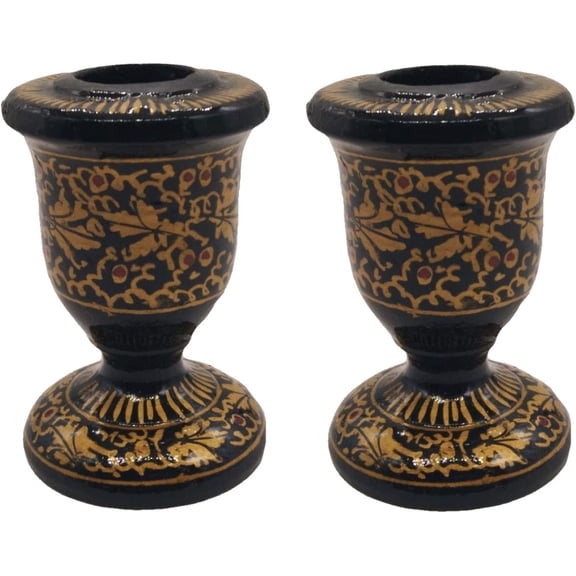 India Meets India Christmas Handmade Papier Mache Candlestick Stand Set of 2, Pillar Candle Holder, Best for Gifting, Made by Awarded Indian Artisans (Gold)