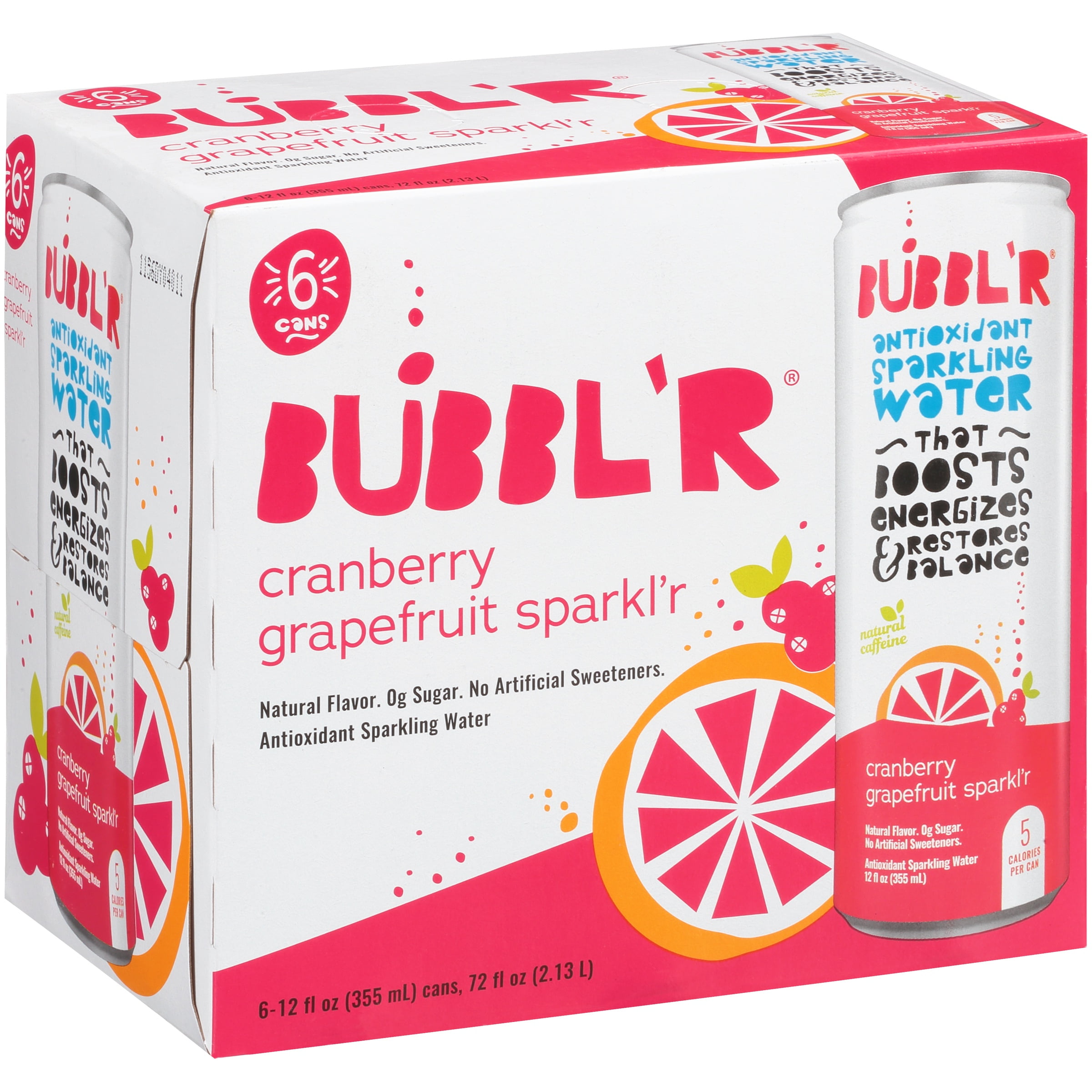 (4 pack) BUBBL'R Antioxidant Sparkling Water, Cranberry Grapefruit Sparkl'r, 12 fl oz, 6 Pack Cans