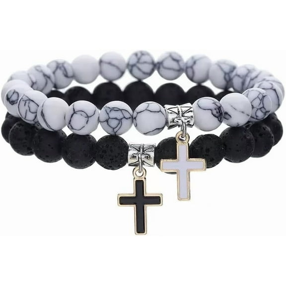 Cross Charm Beaded Bracelet Set for Women Men, Black Lava and White Marble Stone Bracelets, Christian Catholic Religious Jewelry Gifts