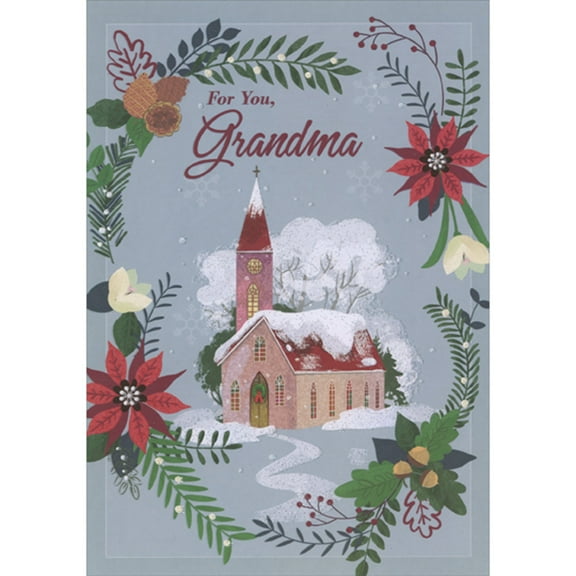 Designer Greetings Snow Covered Church Inside Vine, Flower, and Pinecone Border Religious Christmas Card for Grandma