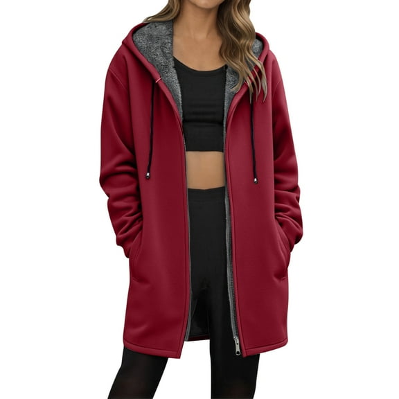 YAYUBA Women's Fleece Zip Up Hoodie Warm and Cozy Sherpa Lined Sweatshirt Winter Hoodie Jackets for Women with Pockets With Pocket,Wine,L
