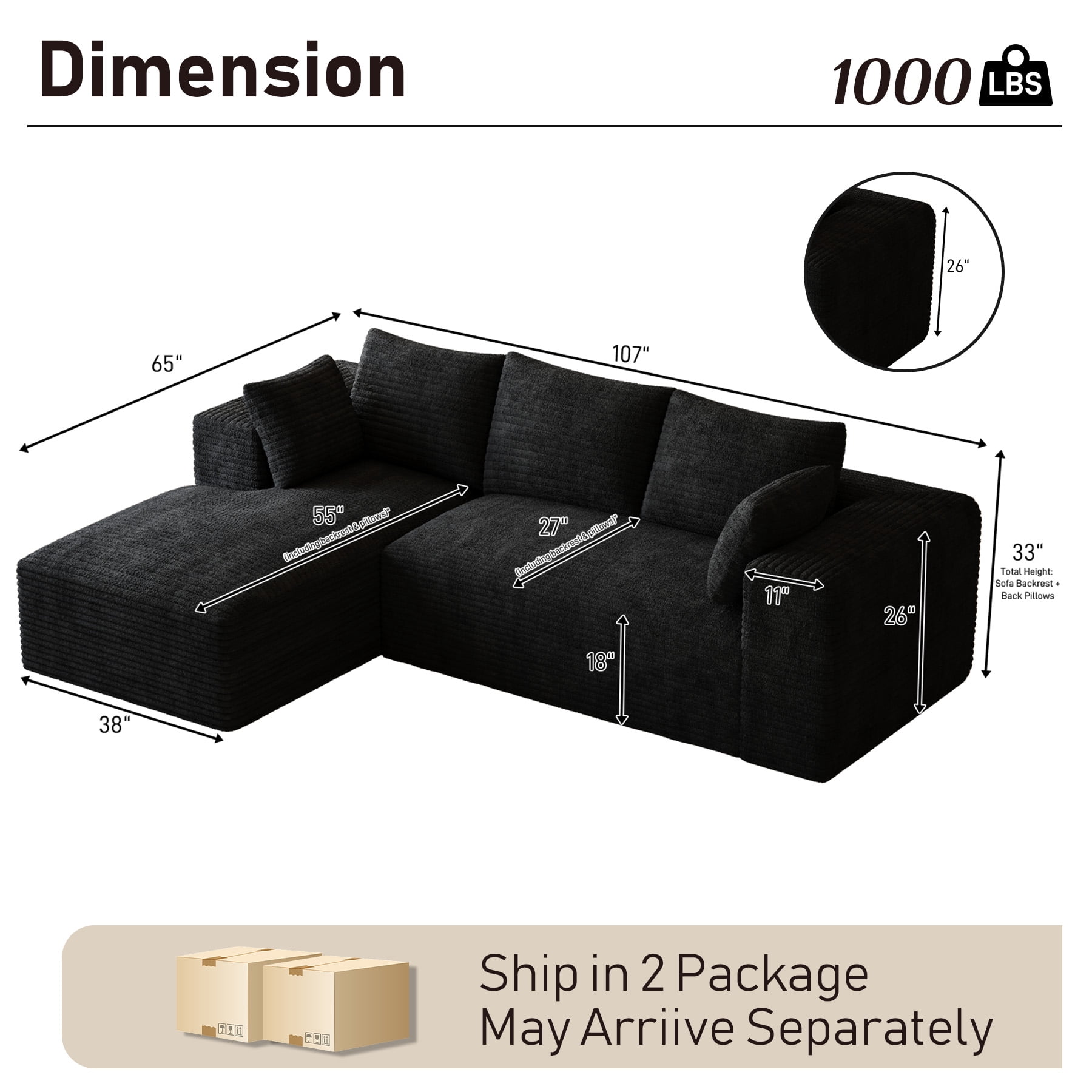 Wiilayok 107" Cloud Sectional Couch with L-Shape Chaise,Modern Modular Sofa with Deep Seat, Comfy Boneless Upholstered Couches for Living Room Bedroom,Black