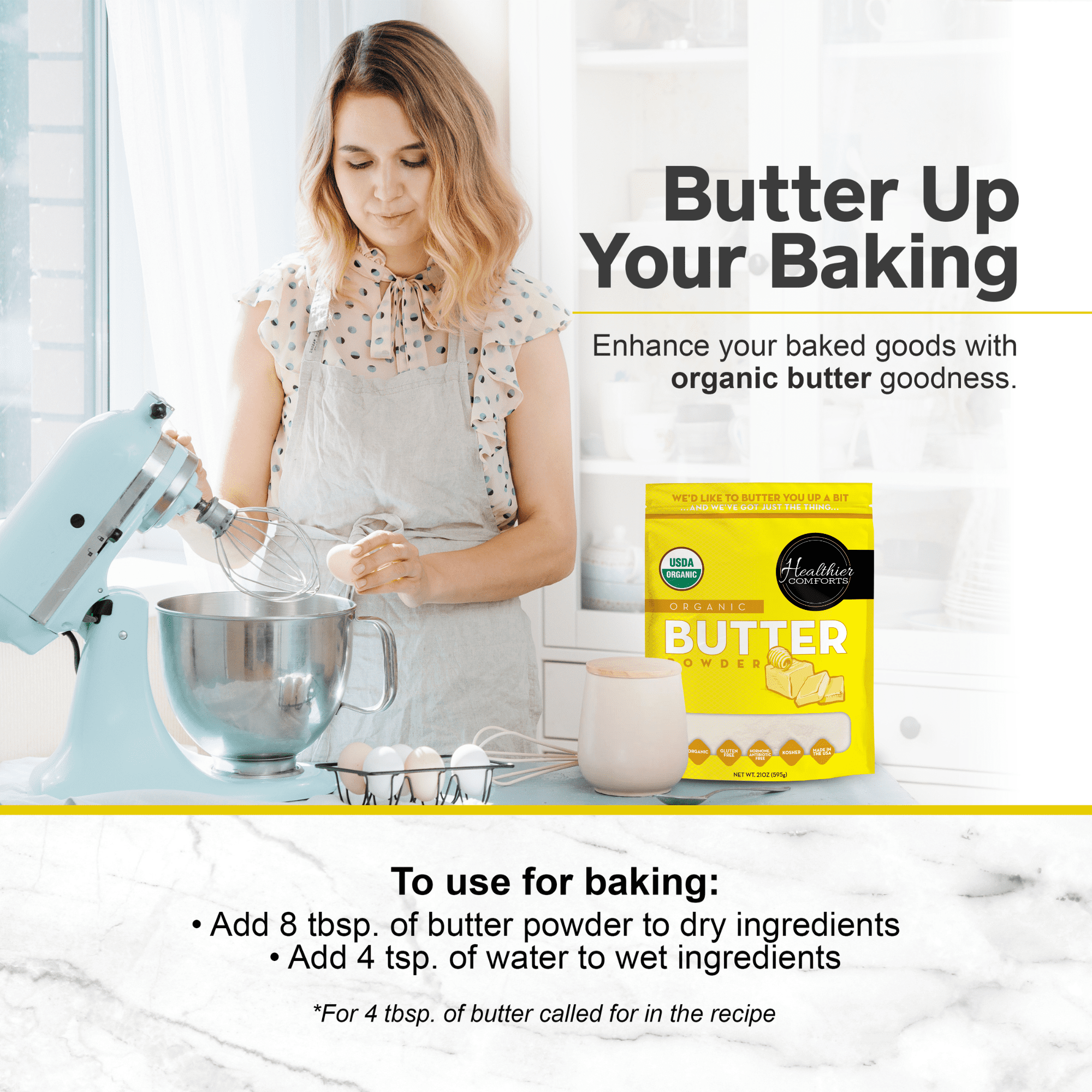 Healthier Comforts Organic Butter Powder 21oz | USDA Certified Organic Dehydrated Unsalted Butter | Kosher, Gluten Free, Non-GMO | Popcorn, Baking, Seasoning